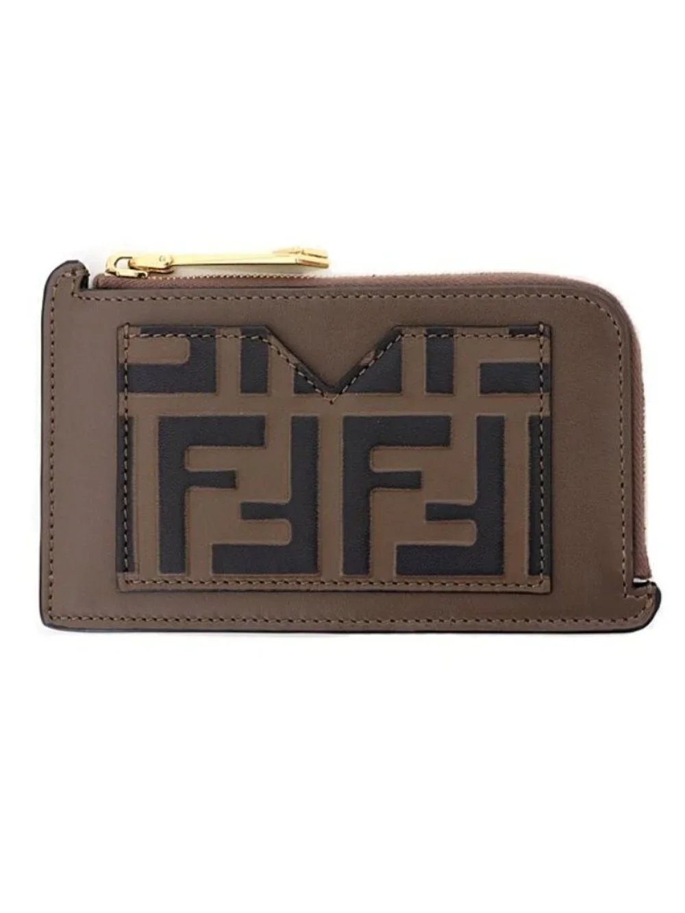 Fendi FF Diamond Card Slot Zucca Pattern Fragment Case Coin Purse Leather Brown